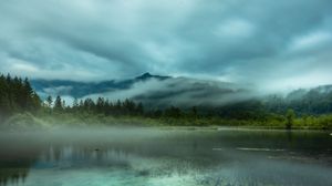 Preview wallpaper lake, mountains, spruce, trees, fog