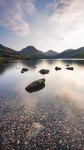 Preview wallpaper lake, mountains, stones, water, landscape