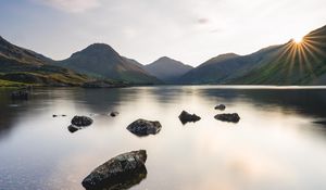 Preview wallpaper lake, mountains, stones, water, landscape