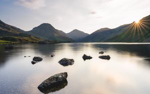 Preview wallpaper lake, mountains, stones, water, landscape