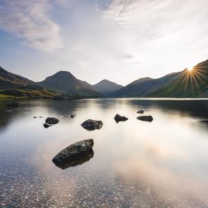 Preview wallpaper lake, mountains, stones, water, landscape