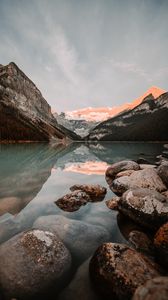 Preview wallpaper lake, mountains, stones, water, reflection