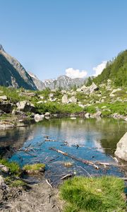 Preview wallpaper lake, mountains, stones, rocks, valley, landscape