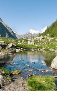 Preview wallpaper lake, mountains, stones, rocks, valley, landscape