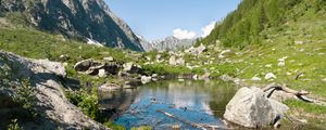 Preview wallpaper lake, mountains, stones, rocks, valley, landscape