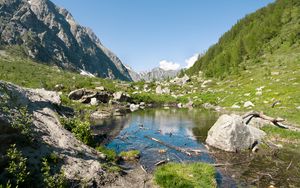 Preview wallpaper lake, mountains, stones, rocks, valley, landscape