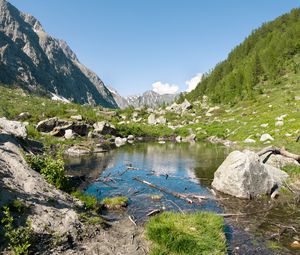 Preview wallpaper lake, mountains, stones, rocks, valley, landscape