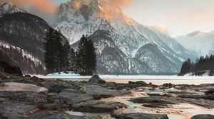 Preview wallpaper lake, mountains, stones, snow, winter, landscape