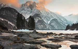 Preview wallpaper lake, mountains, stones, snow, winter, landscape