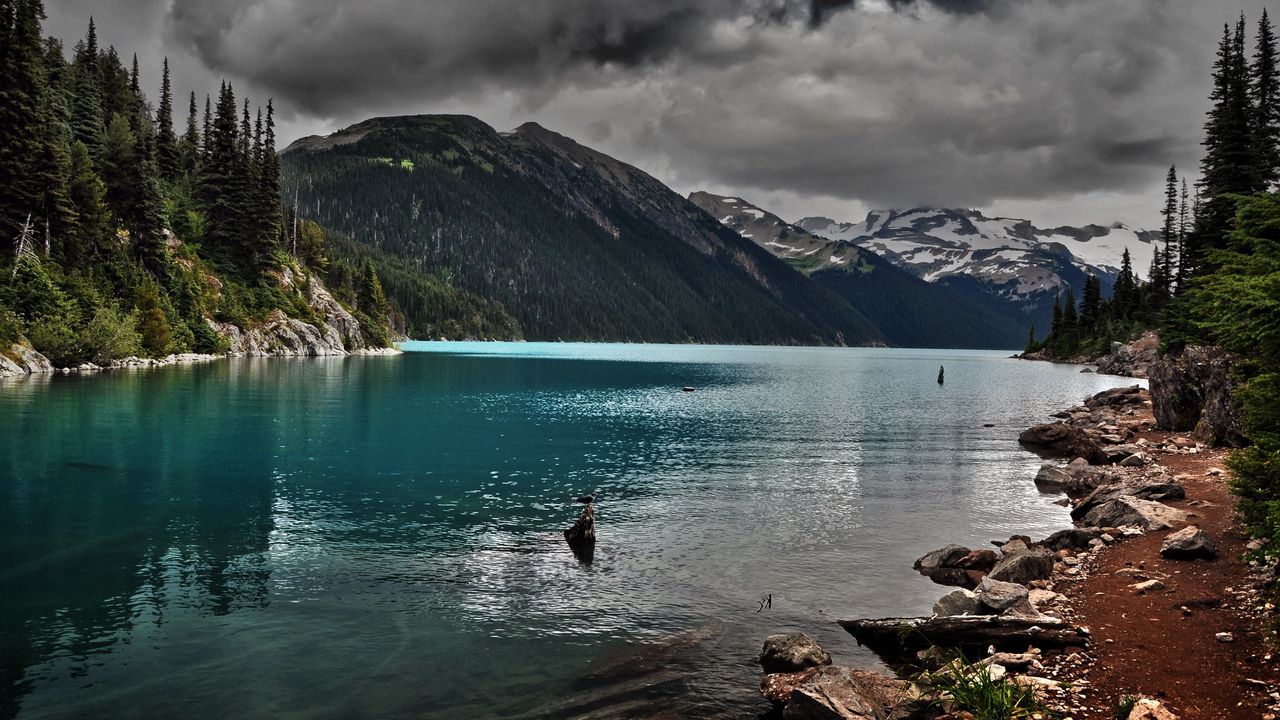 Wallpaper lake, mountains, stones, cloudy, despondency