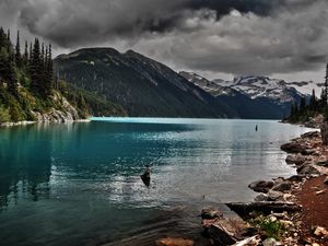 Preview wallpaper lake, mountains, stones, cloudy, despondency