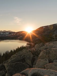 Preview wallpaper lake, mountains, sunset, stones