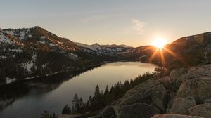 Preview wallpaper lake, mountains, sunset, stones