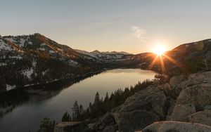 Preview wallpaper lake, mountains, sunset, stones