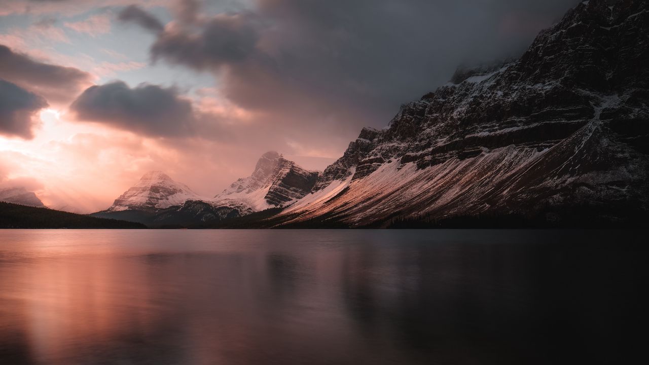 Wallpaper lake, mountains, sunset, dusk, landscape