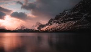 Preview wallpaper lake, mountains, sunset, dusk, landscape