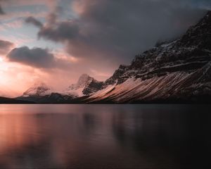 Preview wallpaper lake, mountains, sunset, dusk, landscape