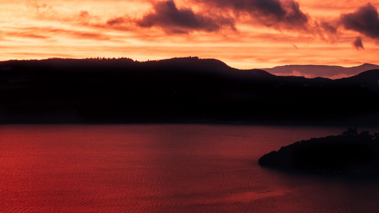 Wallpaper lake, mountains, sunset, dusk, dark