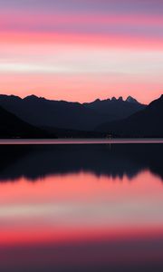 Preview wallpaper lake, mountains, sunset, dusk, reflection, tranquility