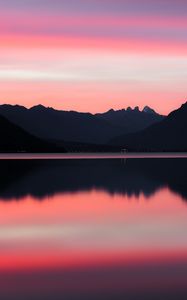 Preview wallpaper lake, mountains, sunset, dusk, reflection, tranquility