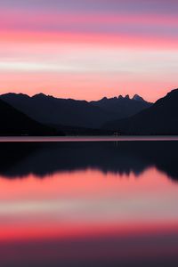 Preview wallpaper lake, mountains, sunset, dusk, reflection, tranquility