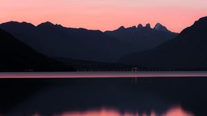 Preview wallpaper lake, mountains, sunset, dusk, reflection, tranquility