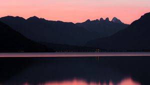 Preview wallpaper lake, mountains, sunset, dusk, reflection, tranquility