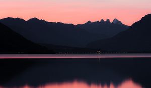 Preview wallpaper lake, mountains, sunset, dusk, reflection, tranquility