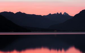 Preview wallpaper lake, mountains, sunset, dusk, reflection, tranquility