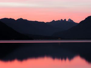 Preview wallpaper lake, mountains, sunset, dusk, reflection, tranquility