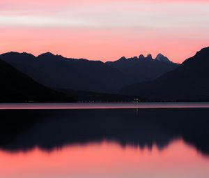 Preview wallpaper lake, mountains, sunset, dusk, reflection, tranquility