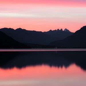 Preview wallpaper lake, mountains, sunset, dusk, reflection, tranquility