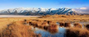 Preview wallpaper lake, mountains, tops, vegetation, autumn