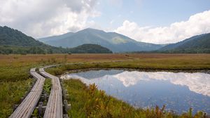 Preview wallpaper lake, mountains, trail, nature, landscape