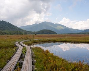 Preview wallpaper lake, mountains, trail, nature, landscape