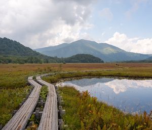 Preview wallpaper lake, mountains, trail, nature, landscape