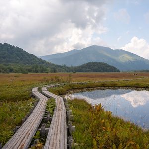 Preview wallpaper lake, mountains, trail, nature, landscape