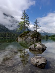 Preview wallpaper lake, mountains, tree, stones, germany