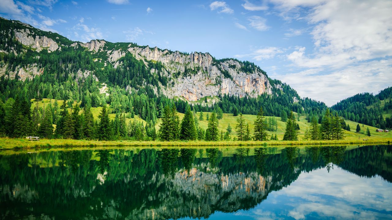 Wallpaper lake, mountains, trees, reflection, landscape, nature