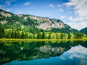 Preview wallpaper lake, mountains, trees, reflection, landscape, nature