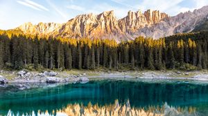 Preview wallpaper lake, mountains, trees, reflection, landscape, italy