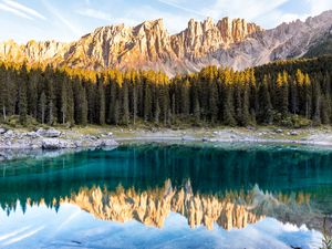 Preview wallpaper lake, mountains, trees, reflection, landscape, italy