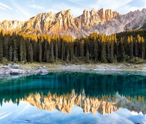 Preview wallpaper lake, mountains, trees, reflection, landscape, italy