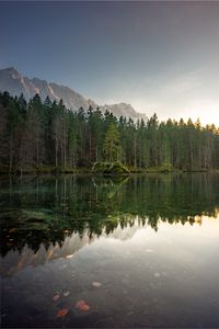 Preview wallpaper lake, mountains, trees, sky, peaks