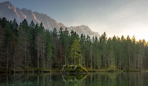 Preview wallpaper lake, mountains, trees, sky, peaks