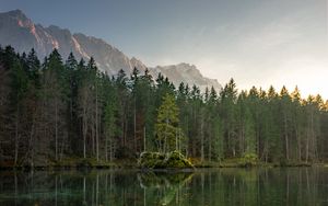 Preview wallpaper lake, mountains, trees, sky, peaks