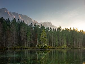 Preview wallpaper lake, mountains, trees, sky, peaks