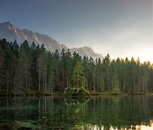 Preview wallpaper lake, mountains, trees, sky, peaks