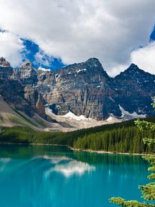 Preview wallpaper lake, mountains, trees, fir-tree, water table