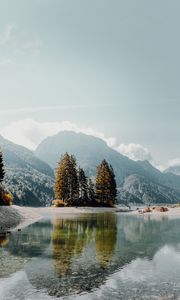 Preview wallpaper lake, mountains, trees, fog, shore, landscape